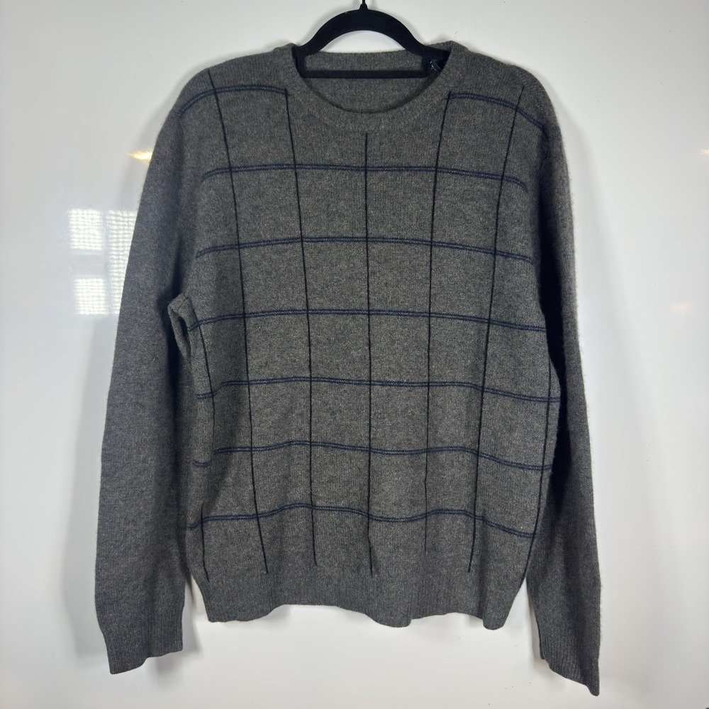 John Ashford Mens Cashmere Sweater Grey Windowpane Crew Neck Size M RN 13711